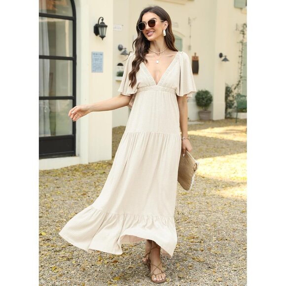 Women Summer Dress Maxi V-Neck Backless Flutter Sleeves Tiered Silhouette - Picture 7 of 9